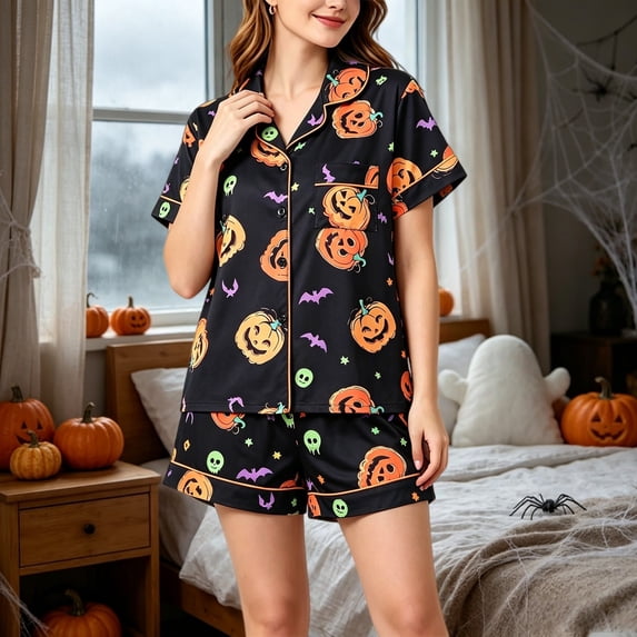 Hkoxplj Womens Plus Size Halloween Satin Pajama Set Short Sleeve Button Down Shirt and Shorts Silky Sleepwear with Pocket Cute Pumpkin Print Collared Notch Lapel Pjs Relaxed Fit Loungewear