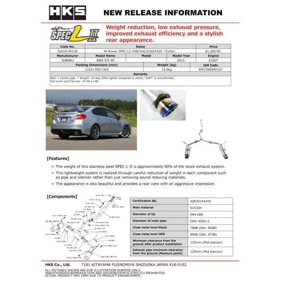 HKS Hi-Power SPEC-L2 VAB EJ20 (Part # : 31019-AF130)