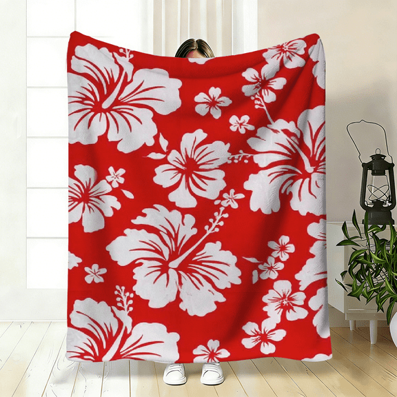 Hkstorage Extra Large Hawaiian Floral Throw Blanket, Soft Plush Lightweight Blanket with Vintage Red Hibiscus Design, Cozy All-Season Blanket for Sofa, Bed, Camping, Travel & Home Decor