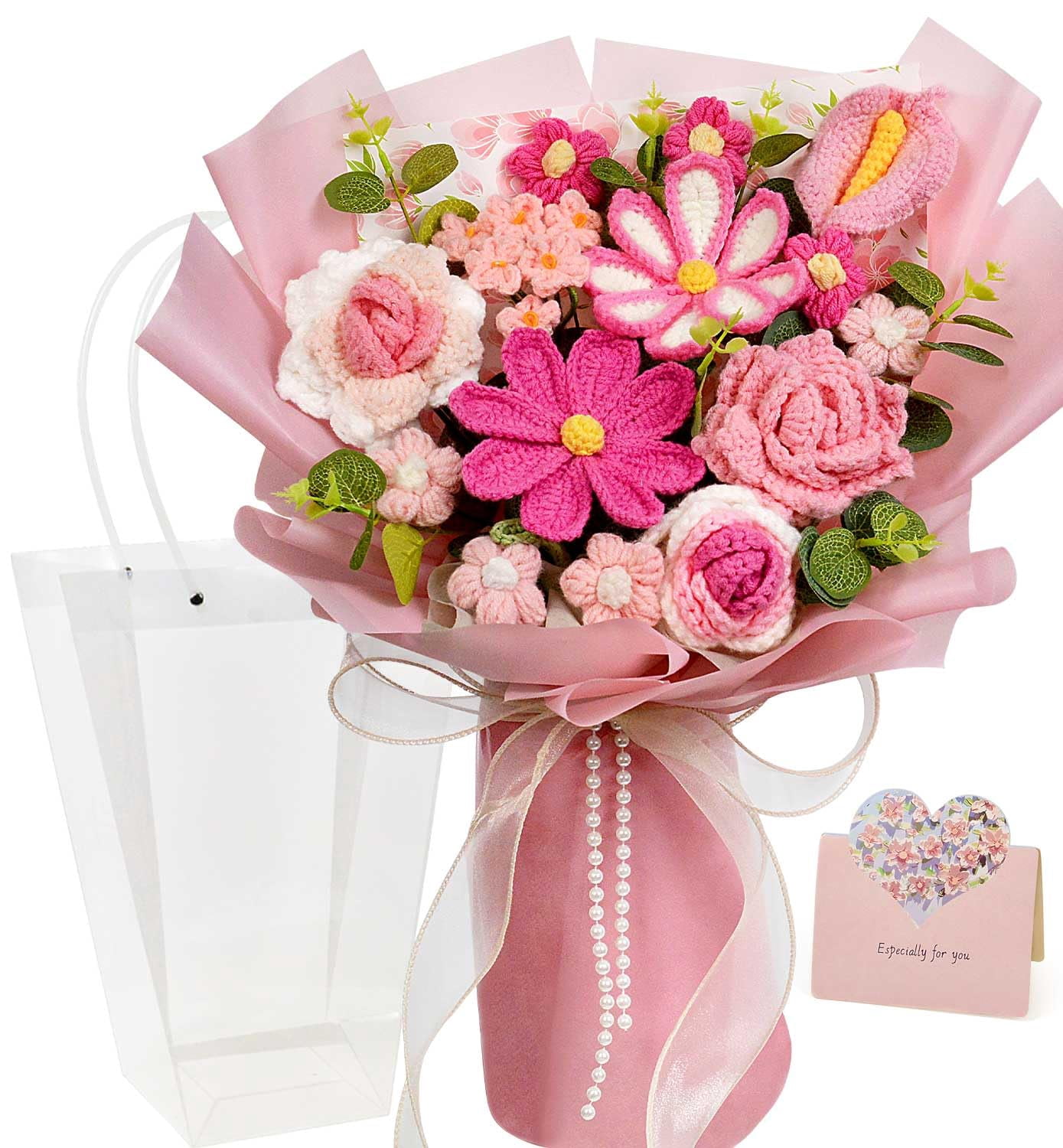 Hlenbin Crochet Flower Bouquet, Handmade Pink Knitted Flowers Bouquet ...