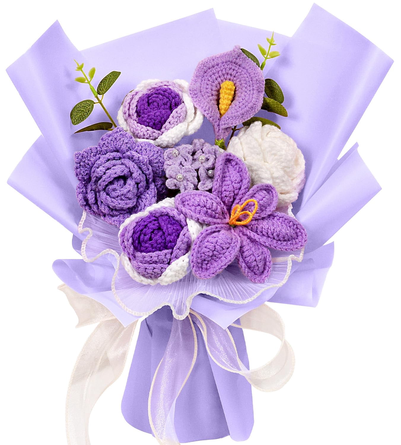 Hlenbin Knitted Flower Bouquet, Crochet Tulip Rose Calla Lily Flowers ...