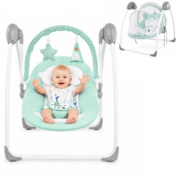 Hlieoar Electric Portable Compact Baby Swing, 5 Speed Rocker with Hanging Toys for Infants 0-9 Months 6-25 lbs, Green