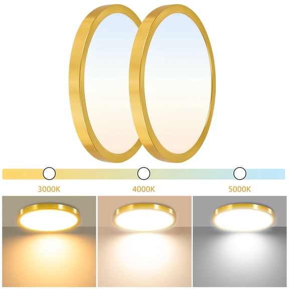 Hlite 12" LED Ceiling Light,3CCT Selectable Flush Mount Light,Ultra-Thin,Damp Rated Lighting Fixtures for Bedroom,Bathroom,Kitchen,Utility Room, Gold, 2 Pack