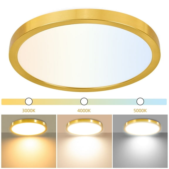 Hlite 12" LED Ceiling Light,3CCT Selectable Flush Mount Light,Ultra-Thin,Damp Rated Lighting Fixtures for Bedroom,Bathroom,Kitchen,Utility Room, Gold