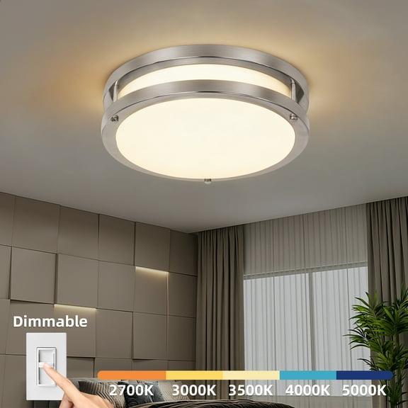 Hlite 13 inch  5 Color Dimmable LED Ceiling Light Fixture, 20W Flush Mount Light, Hardwired Modern Lighting for Bedroom/Kitchen/Hallway,Brushed Nickel(1-Pack)