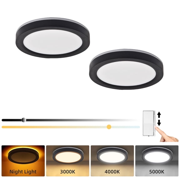 Hlite 7.5" Dimmable LED Ceiling Light with Night Light, 15W, 1500 LM, 3CCT Flat Round Flush Mount Lighting Fixtures for Bedroom,Hallway,Black,2Pack