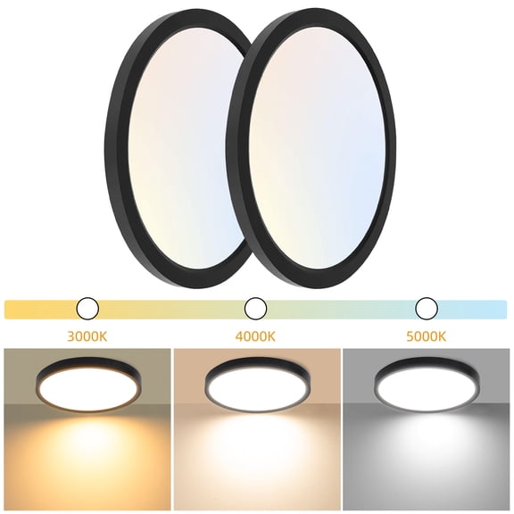 Hlite 2 Pack Ultra-Thin 12" Flush Mount LED Ceiling Light,3CCT Selectable Light,Damp Rated Close to Ceiling Light for Bathroom,Kitchen (Black)