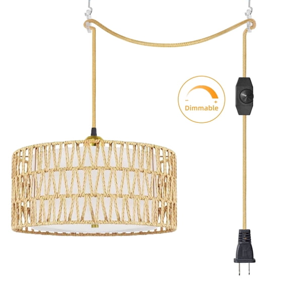 Hlite 2-in-1 Rattan Fabric Dimmable Swag Light, 12.8in Boho Plug in Pendant Light for Kitchen Bedroom Living Room