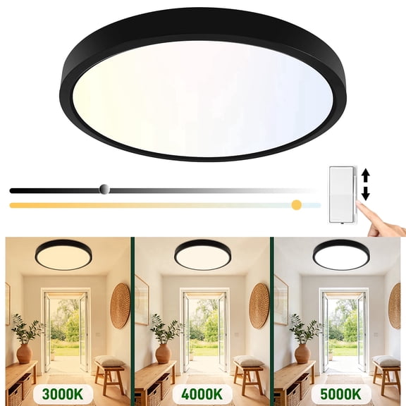 Hlite 12" LED Ceiling Light, 3CCT Selectable Dimmable Flush Mount, Damp Rated for Kitchen Bedroom Hallway, Black