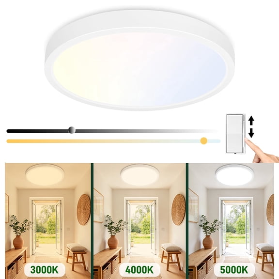 Hlite 24W 3CCT Selectable & Dimmable LED Ceiling Light, 12" Round Flat Panel Light, Damp Rated Flush Mount Light Fixture for Kitchen/Hallway/Bedroom, White