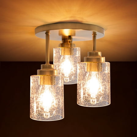 Hlite 3-Light Flush Mount Ceiling Light, Metal Clear Seeded Glass Shades, Close to Ceiling Light for Bedroom, Kitchen, Living Room, Entryway Lighting,Gold