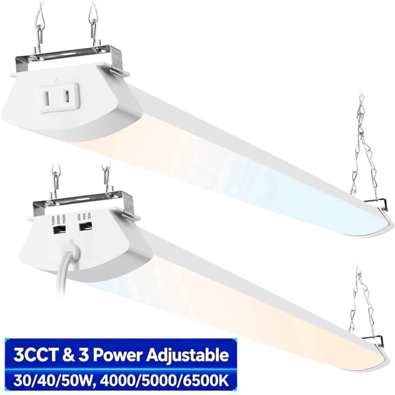Hlite 2 Pack 4FT LED Shop Lights, 3CCT & 3 Wattage Adjustable, 5000LM Linkable Garage Ceiling Light for Workshop Basement, No Pull Chain
