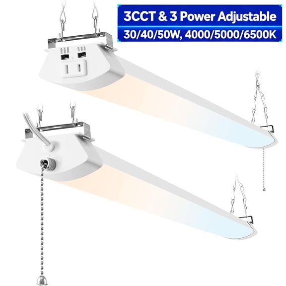 Hlite 2 Pack 4FT LED Shop Lights with Pull Chain, 3CCT & 3 Power Adjustable, 5000LM Linkable Garage Light for Workshop Basement