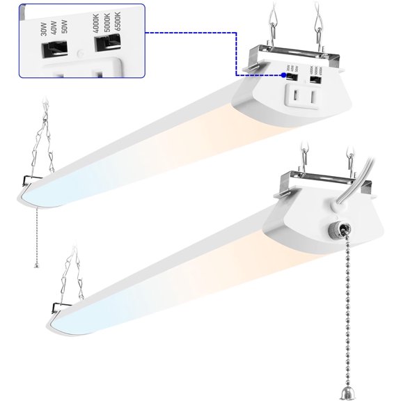 Hlite 4FT LED Shop Lights with Pull Chain,30W/40W/50W Dimmable & 3CCT 4000K/5000K/6500K Adjustable,5500LM,Linkable Utility Hanging Light Fixture for Garage/Workbench,2-Pack