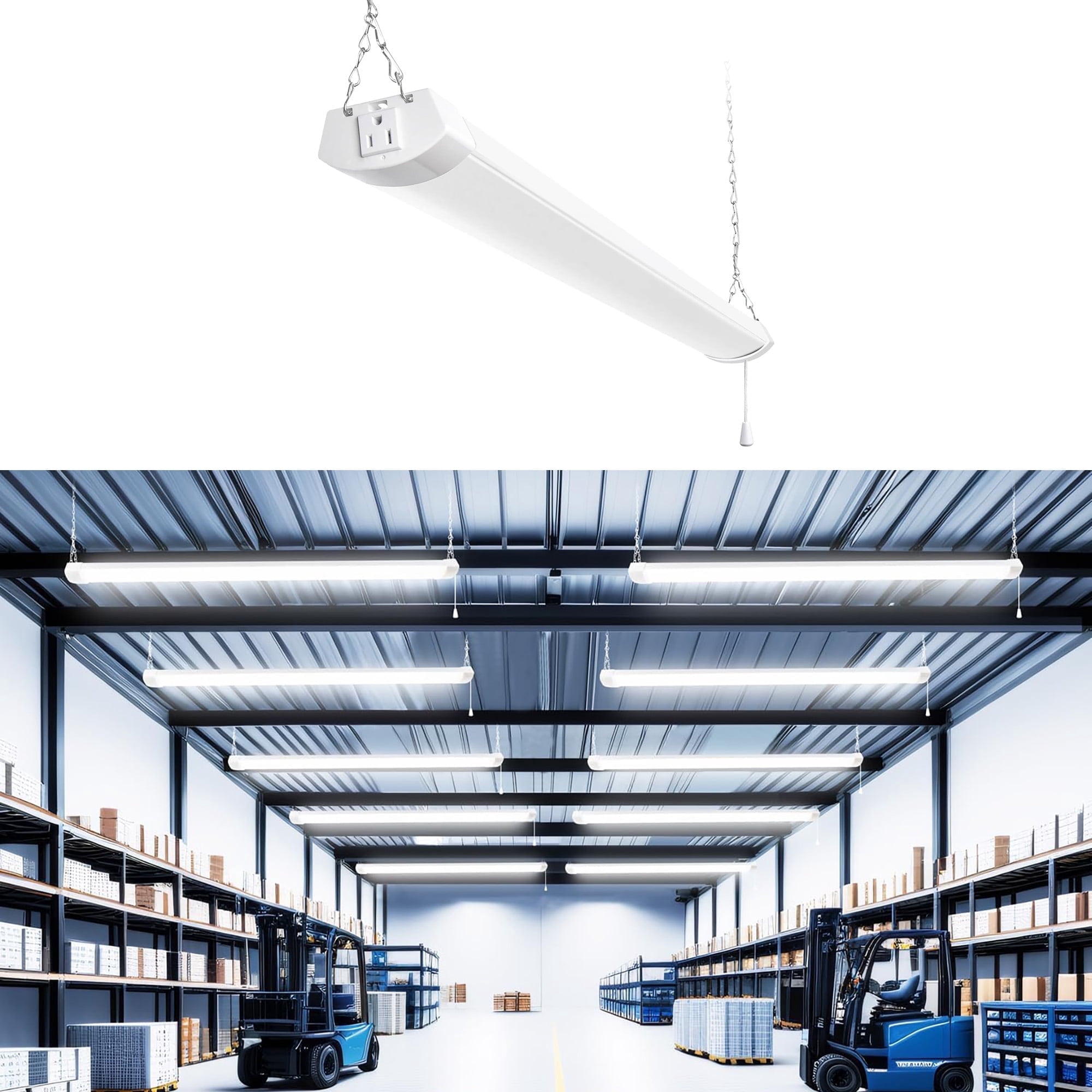 Threaded Shop Lamp Hlite 4ft LED Shop Light with Pull Cord Switch, 70W 8000lm 5000K ...