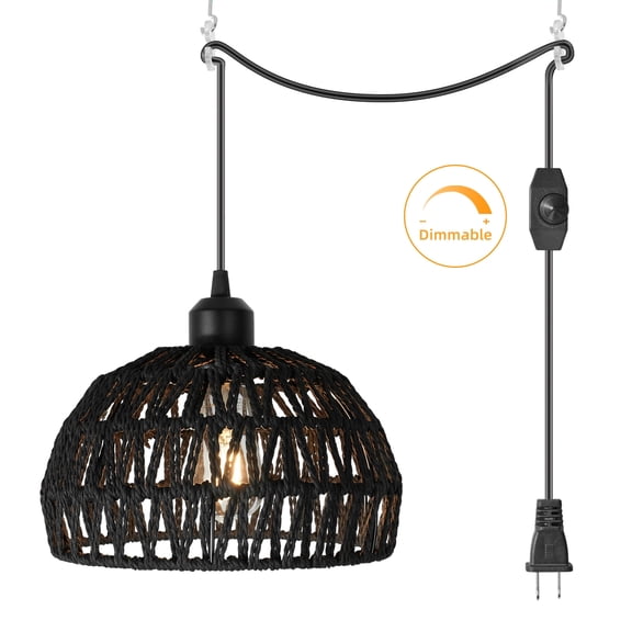 Hlite Dimmable Rattan Swag Pendant Light, 15ft Plug in Cord, Farmhouse Hanging Light for Bedroom Dining Kitchen, Black
