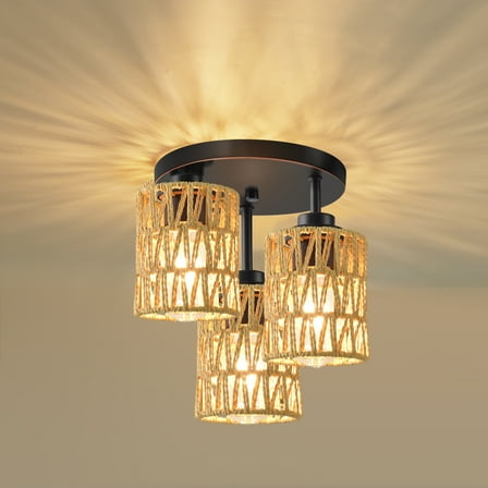 Hlite Boho Flush Mount Ceiling Light with Hand Woven Rattan Shades,3-Light Rustic Ceiling Light for Hallway Kitchen Island,Oil Rubbed Bronze Finished (Bulb Not Included)