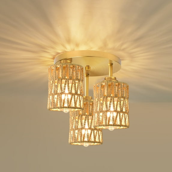 Hlite Boho Flush Mount Ceiling Light with Hand Woven Rattan Shades,3-Light Rustic Ceiling Light for Hallway Kitchen Living Room,Bulb Not Included,1 Set