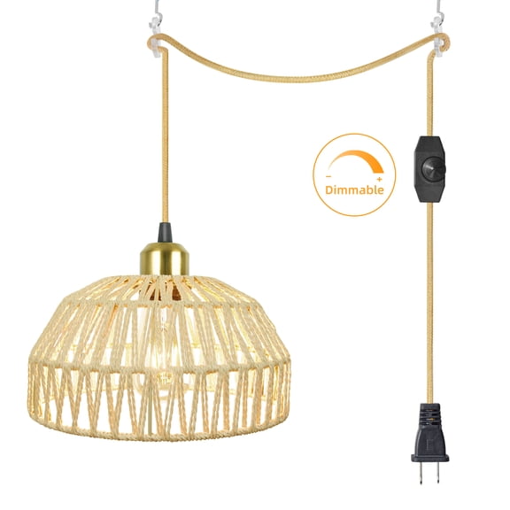 Hlite Dimmable Rattan Swag Pendant Light, 15ft Plug in Cord, Farmhouse Hanging Light for Bedroom Dining Kitchen