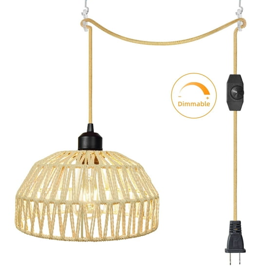 Hlite Dimmable Swag Pendant Hanging Light Fixtures,15ft Plug in Cord with Rattan Woven Shade Farmhouse Ceiling Light for Bedroom Beside/Dining Table/Kitchen Sink,Bulb Not Included