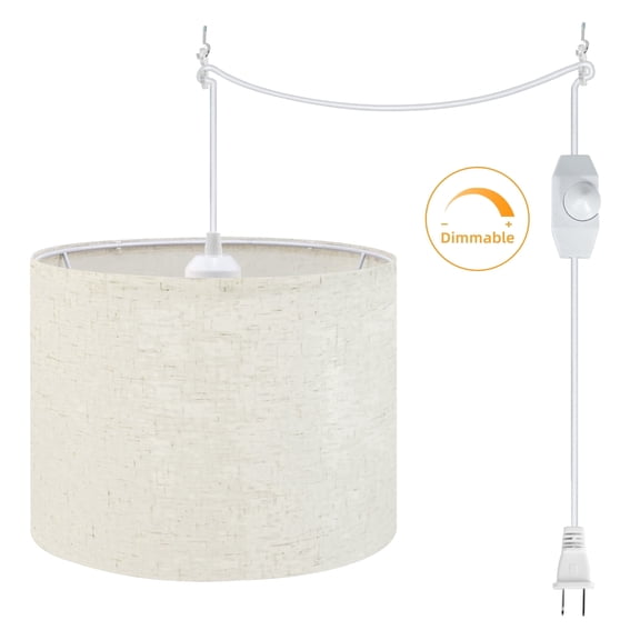 Hlite Linen Plug in Pendant Light, 15ft UL Dimmable Cord, E26 Modern Swag Hanging Light for Bedroom Dining Room, Beige