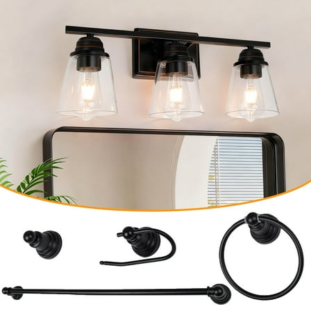 Hlite 3-Light Vanity Light, Modern Clear Glass Shades Bathroom Mirror Lights with 4-Piece All-in-One Bath Set Decor,Oil Rubbed Bronze(Bulb Not Included)