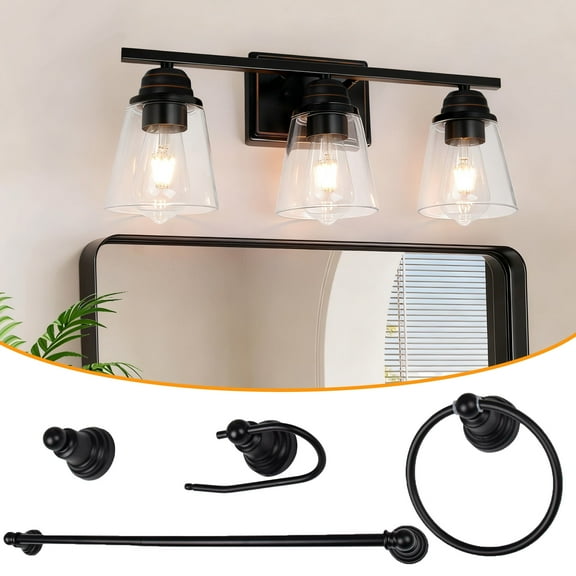 Hlite 3-Light Vanity Light, Modern Clear Glass Shades Bathroom Mirror Lights with 4-Piece All-in-One Bath Set Decor,Oil Rubbed Bronze(Bulb Not Included)