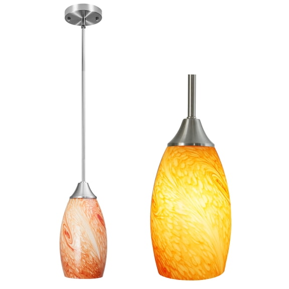Hlite Pendant Light for Kitchen Island, Hand Blown Orange-Red Swirl Glass Hanging Light Fixture, 90° Swivel Adjustable Height, Satin Nickel Finish, E26 Socket, Dimmable