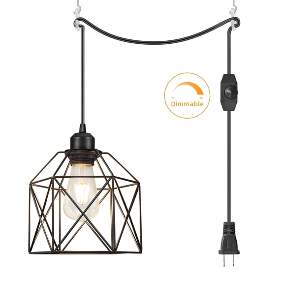 Hlite Plug in Pendant Light, Industrial Black Iron Cage, 15ft UL Cord with Dimmer, Farmhouse Hanging Light for Kitchen Bedroom