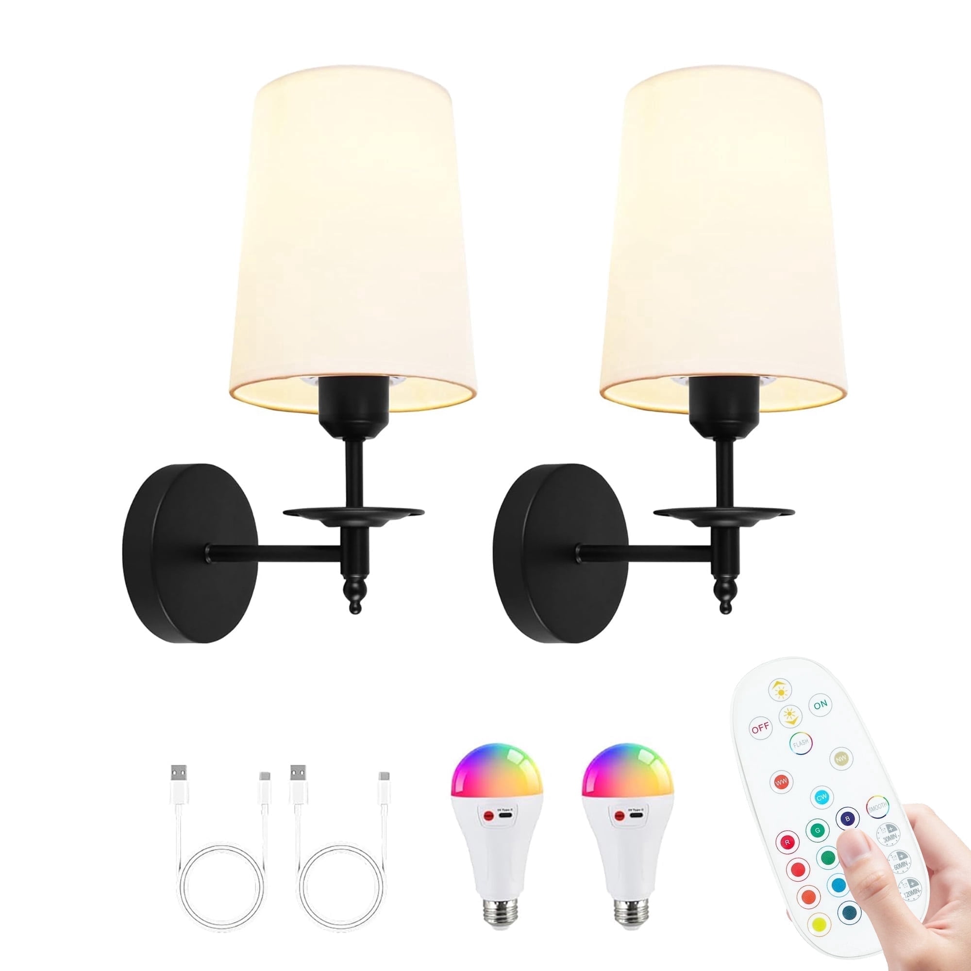 Hlite Smart Rechargeable Battery Operated Wall Sconce with Remote,3CCT & RGB Dimmable LED Bulb,Black Metal & White Fabric Shade Wall Lights for Bedroom,Living Room(Set of 2)