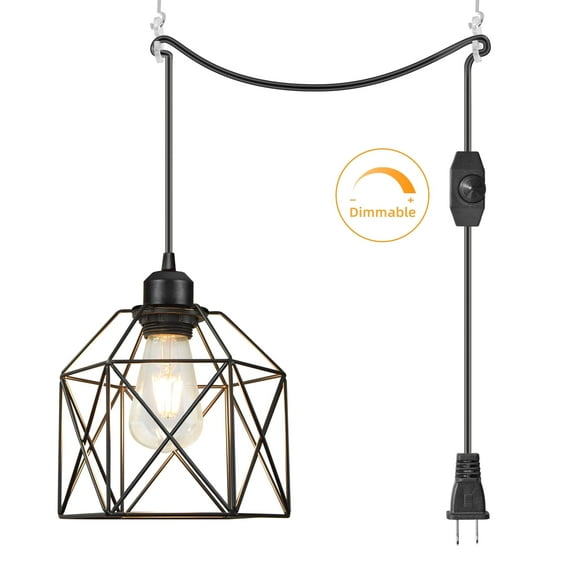 Hlite Swag Plug in Pendant Light,Industrial Black Iron Cage Shade, Farmhouse Hanging Lighting Fixtures,15ft UL Cord with On/Off Dimmer Switch for Kitchen Island Bedroom Corner