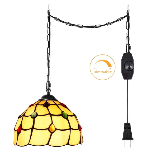 Hlite Tiffany Dimmable Plug in Pendant Light, 7.9in Yellow Stained Glass Shade, Retro Swag Hanging Light for Bedroom Home Decor