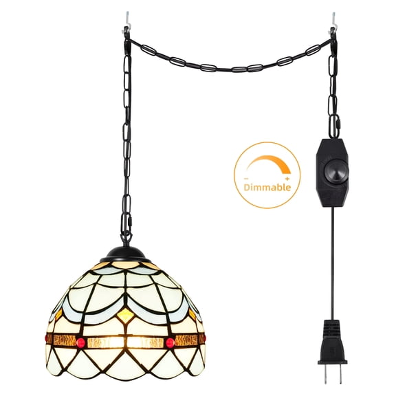 Hlite Tiffany Dimmable Plug in Pendant Light, 8.1in Blue Stained Glass Shade, Retro Swag Hanging Light for Bedroom Home Decor