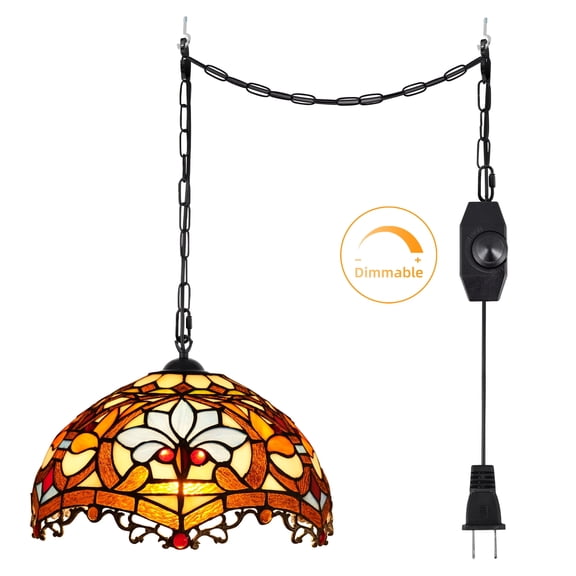 Hlite Tiffany Plug in Pendant Light with Cord,Multicolor Stained Glass Shade(12in),Dimmable Hanging Swag Lamps for Living Room Corner,Bulb Not Included