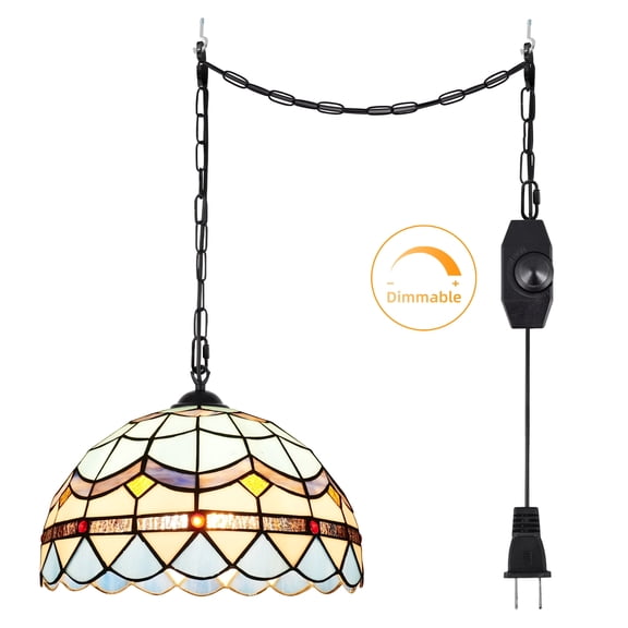 Hlite Tiffany Swag Hanging Pendant Light with Plug in Cord,Blue Stained Glass Shade(11.9in),Dimmable Ceiling Lighting Fixtures for Bedroom Beside,Bulb Not Included