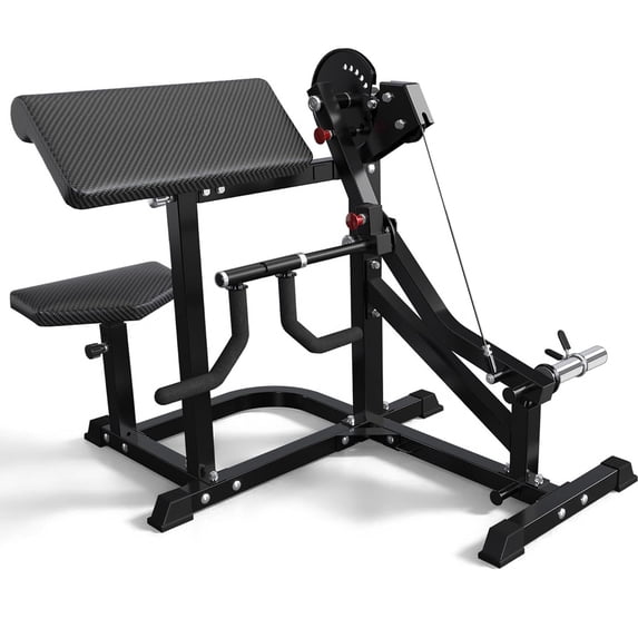 Gymusclo Bicep Tricep Curl Machine, 350LBS Plate Loaded Bicep Curls and Tricep Extension Machine w/ Smooth Cable Pulley System, Adjustable Preacher Curl Bench for Home Gym, Fits 1" & 2" Plates