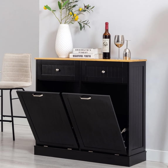 Hlivelood Double Trash Cabinet Tilt Out 20 Gallon, Pet Proof Kitchen Trash Cabinet Laundry Hamper with Cutting Board, Wood Garbage Recycling Station Hideaway Trash Holder Drawers