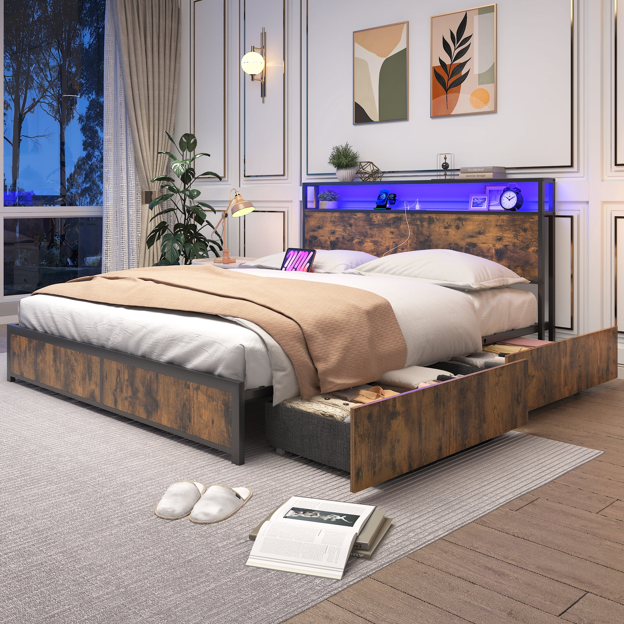Hlivelood Full Size Platform Bed Frame with Headboard and 4 Storage ...