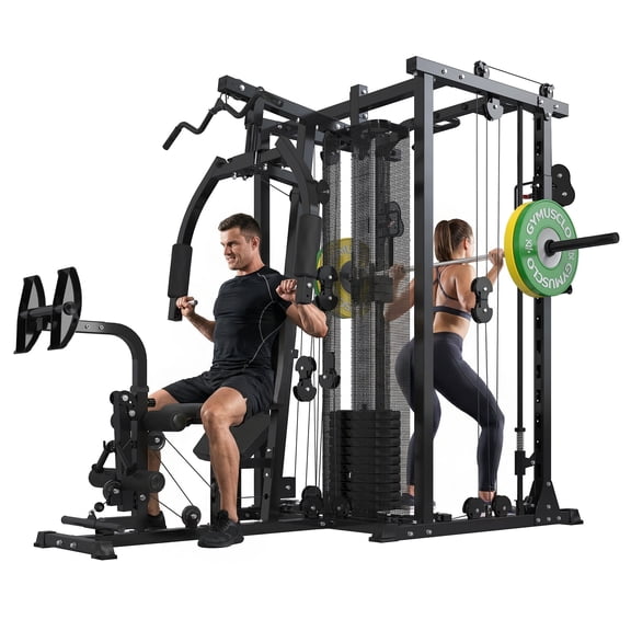 Hlivelood Multifunction Home Gym Equipment Workout Station, Smith Machine with 150LBS Weight Stack, Cable Crossover, Leg Press, LAT Station, Heavy Duty Functional Trainer for Full Body Training