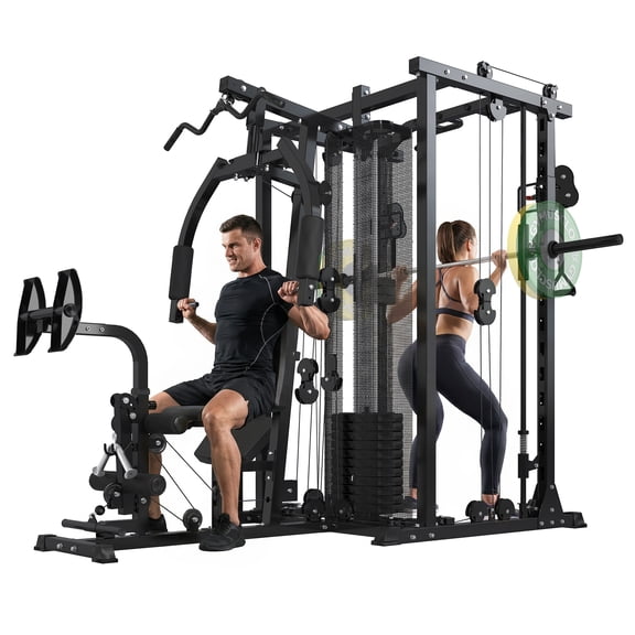 Hlivelood Multifunction Home Gym Equipment Workout Station, Smith Machine with 150LBS Weight Stack, Cable Crossover, Leg Press, LAT Station, Heavy Duty Functional Trainer for Full Body Training