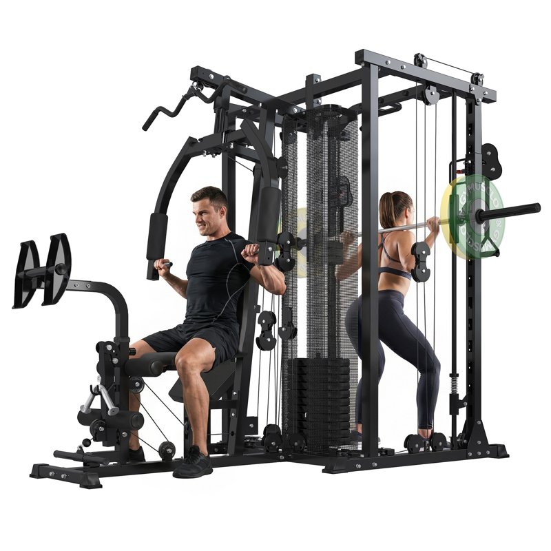 gymusclo Multifunction Home Gym Equipment Workout Station, Smith Machine with 150LBS Weight Stack, Cable Crossover, Leg Press, LAT Station, Heavy Duty Functional Trainer for Full Body Training