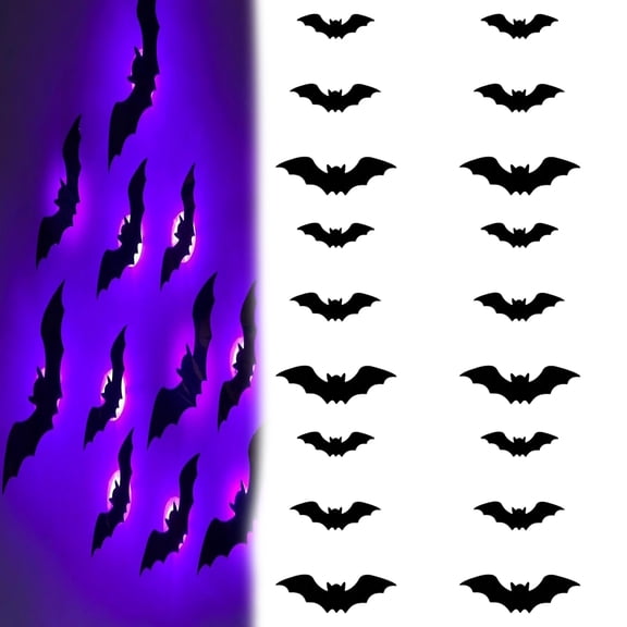 Hlloween Decorations, 3D Bat Stickers with Lights, Wall Decor with Flashing Lights, Realistic 3D Bat Stickers for Indoor Party and Haunted House Decor