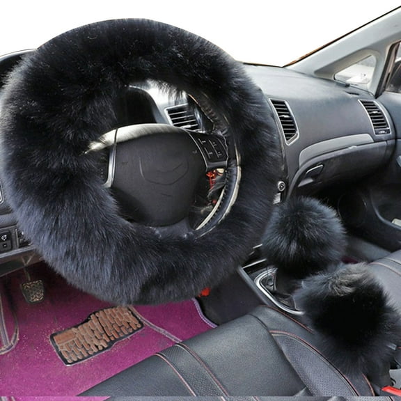 Hloma 3Pcs/Set Faux Wool Steering Wheel Gear Shift Rod Brake Fluffy Cover Car Decor