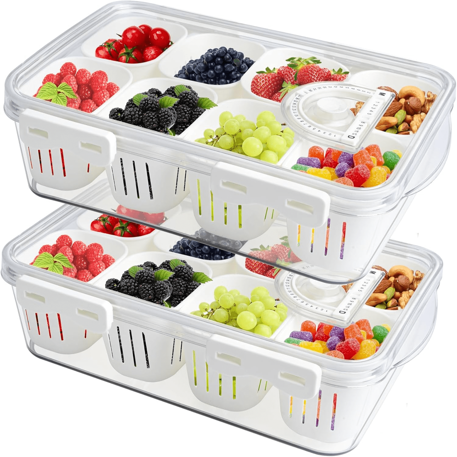 Hltser 2 Pack Plastic Divided Veggie Storage Containers with Lids and ...