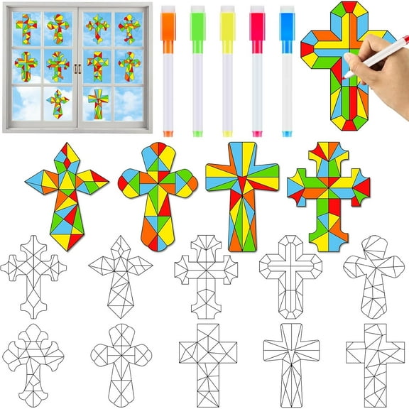 Hltser 30 Pack Easter Cross Window Suncatchers Crafts Kit for Kids Christian Religious DIY Coloring Crafts Window Clings Stickers Kit Sunday School Bible decor with 10 Markers for Home Cl