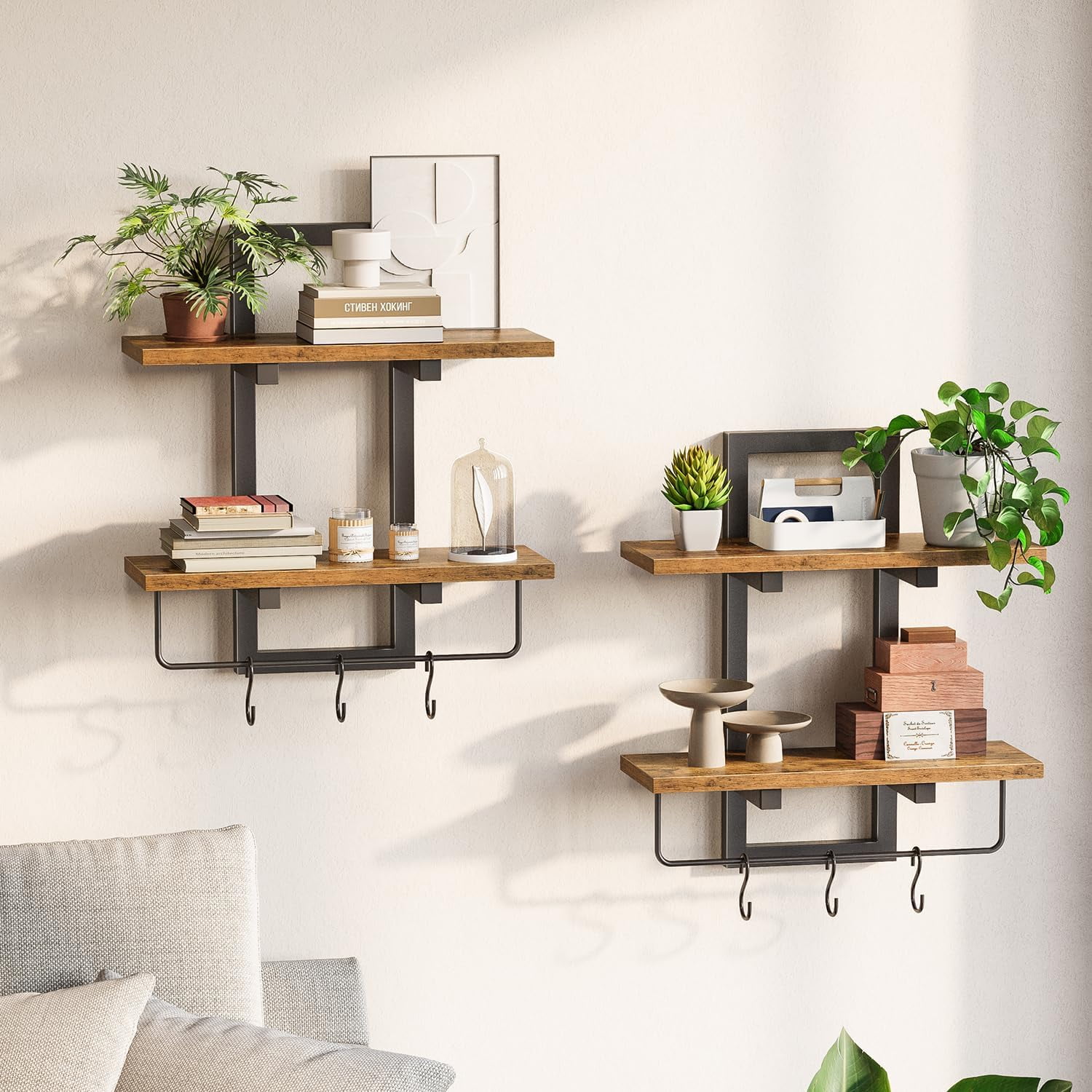 Hltser Floating Shelves for Wall Wood Wall Shelf with 6 Hooks 2 Tier