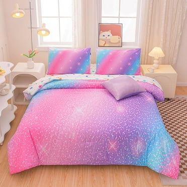 Hltser Full Size Bedding Sets Glitter Galaxy Bedding 6 Pieces Bed in A Bag Full Size Kids Comforter Sets Rainbow Comforter Full Size Bed Sheets and Comforter Set for Girls