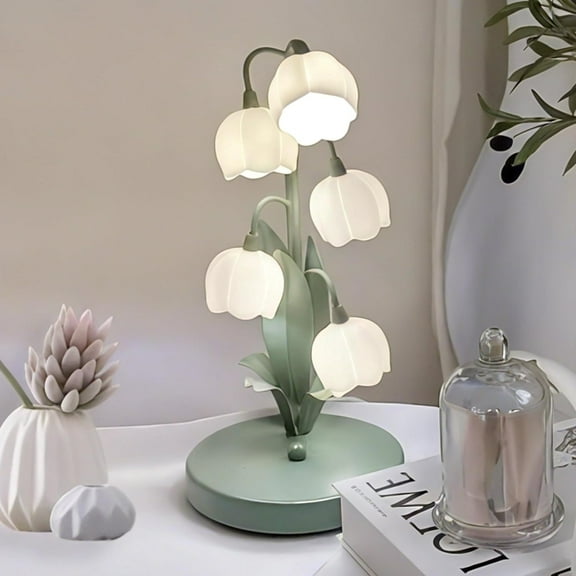 Hltser Green Flower Lamp for Home Bedside Vintage Table Lamps 5 Lily of The Valley Reading Lights 3 Colors Modes Kawaii Bedside Lamp Decor with G4 Bulb Nightstand Light for Living Room Of
