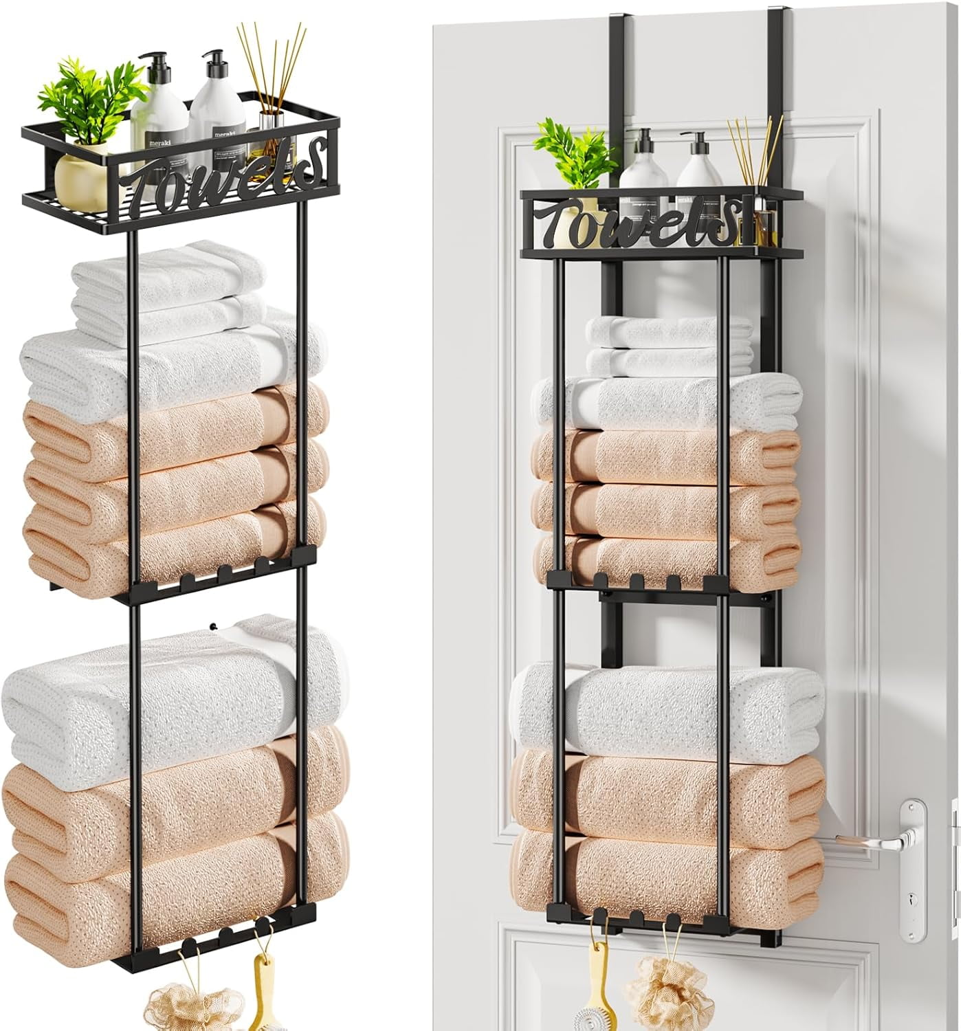 Hltser Towel Rack Bathroom Storage - 3 Tier Over The Door & Wall Mount ...