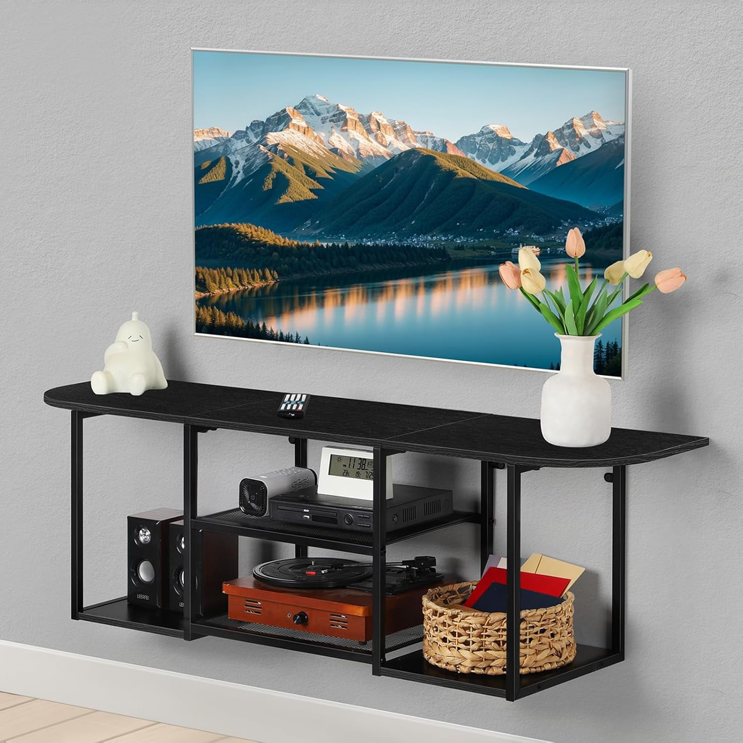 Hltsor Floating TV Shelf Stand Under TV Wall-Mounted Entertainment ...